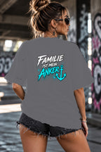 Neon Vibe Damen Oversized T-Shirt – Familie ist mein Anker – DTF Backprint in Grau, Größe 5XL