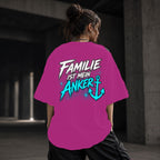 Neon Vibe Damen Oversized T-Shirt – Familie ist mein Anker – DTF Backprint in Pink, Größe 5XL
