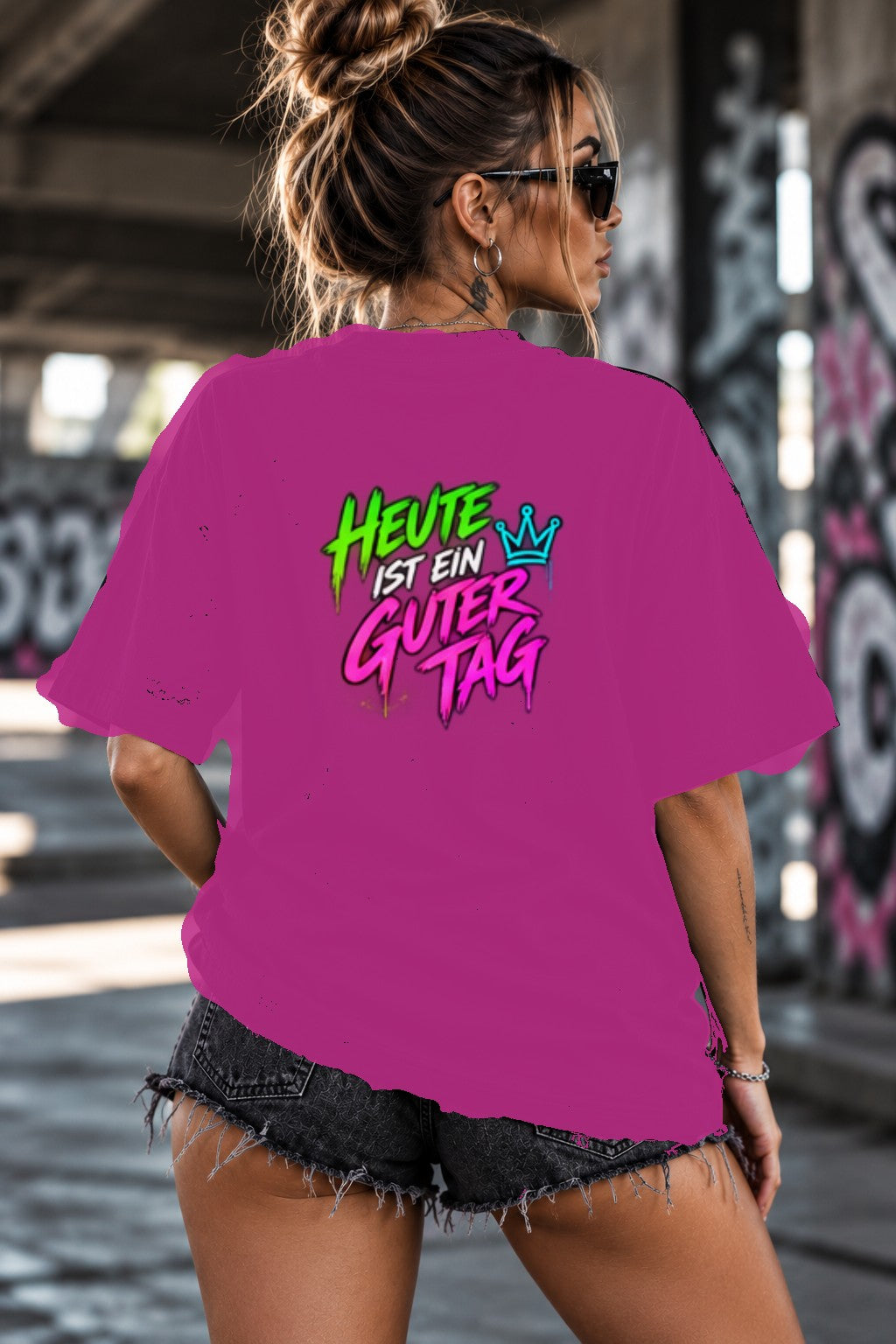 Neon Vibe Damen Oversized T-Shirt – Heute ist ein guter Tag – DTF Backprint in Pink, Größe 5XL