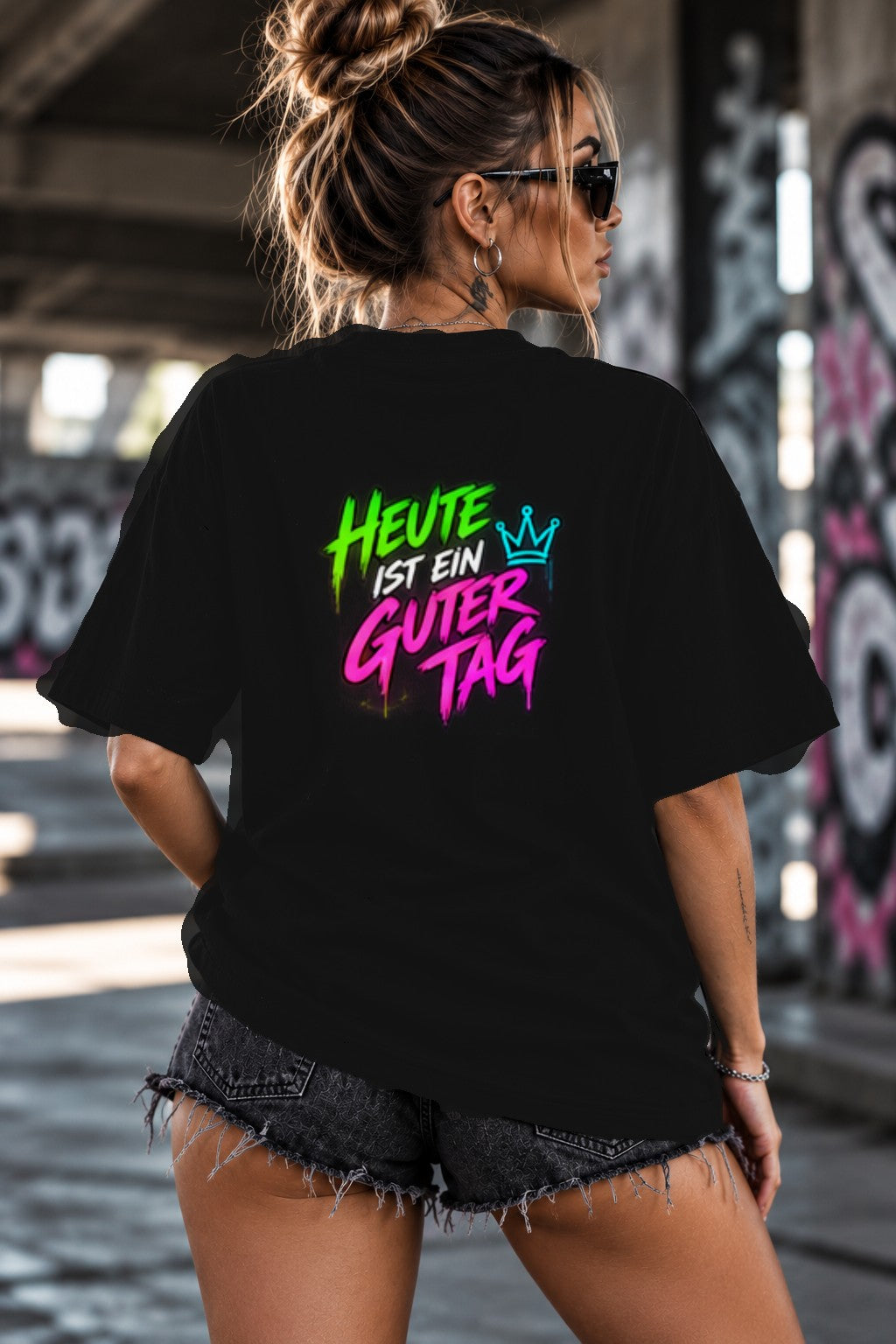 Neon Vibe Damen Oversized T-Shirt – Heute ist ein guter Tag – DTF Backprint in Schwarz, Größe 5XL