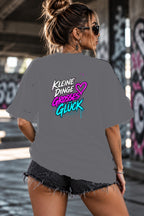 Neon Vibe Damen Oversized T-Shirt – Kleine Dinge großes Glück – DTF Backprint in Grau, Größe 5XL