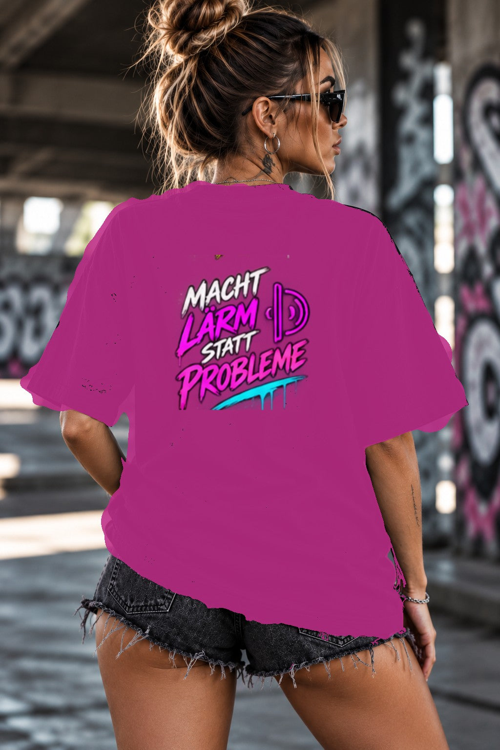 Neon Vibe Damen Oversized T-Shirt – Macht Lärm statt Probleme – DTF Backprint in Pink, Größe 5XL