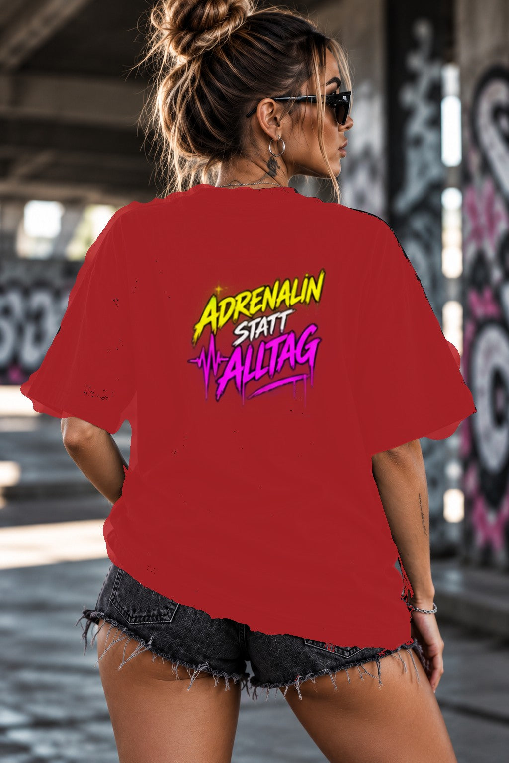 Neon Vibe Damen Oversized T-Shirt – Adrenalin statt Alltag – DTF Backprint in Rot, Größe 5XL