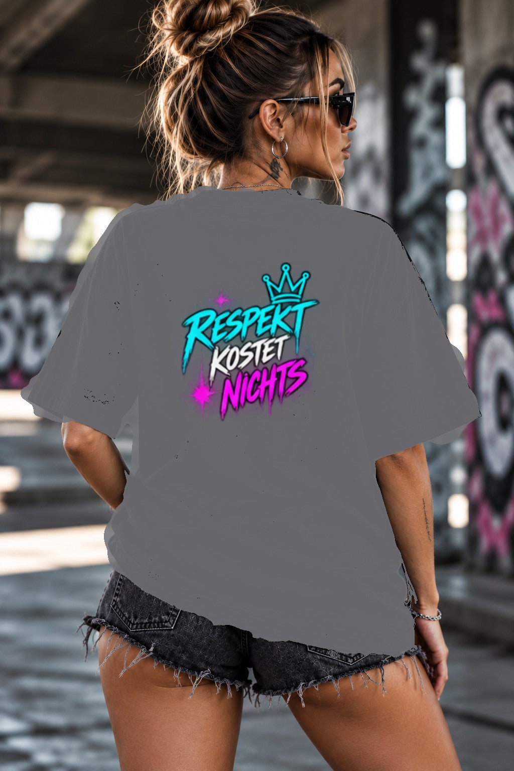 Neon Vibe Damen Oversized T-Shirt – Respekt kostet nichts – DTF Backprint in Grau, Größe 5XL