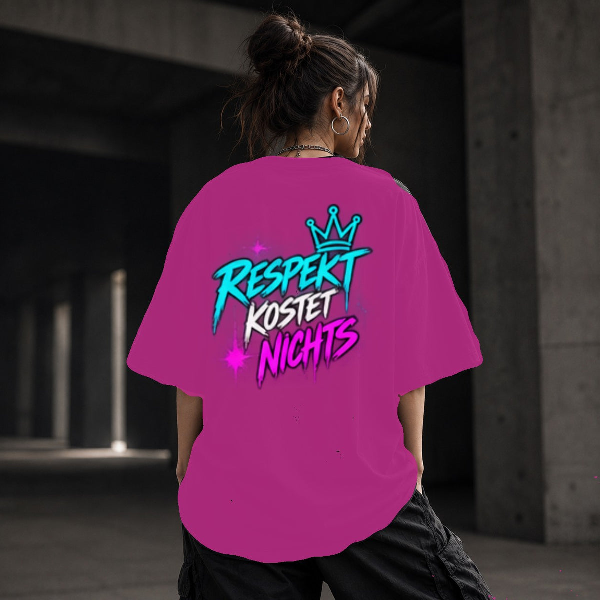 Neon Vibe Damen Oversized T-Shirt – Respekt kostet nichts – DTF Backprint in Pink, Größe 5XL