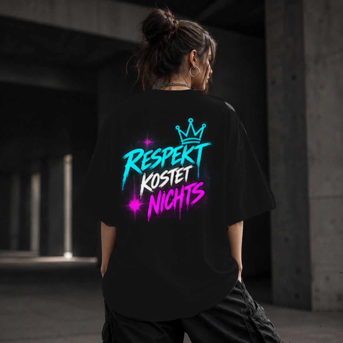 Neon Vibe Damen Oversized T-Shirt – Respekt kostet nichts – DTF Backprint in Schwarz, Größe 5XL