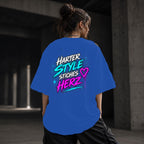 Neon Vibe Damen Oversized T-Shirt – Harter Style weiches Herz – DTF Backprint in Blau, Größe 5XL