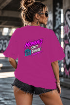 Neon Vibe Damen Oversized T-Shirt – Momente statt Dinge – DTF Backprint in Pink, Größe 5XL