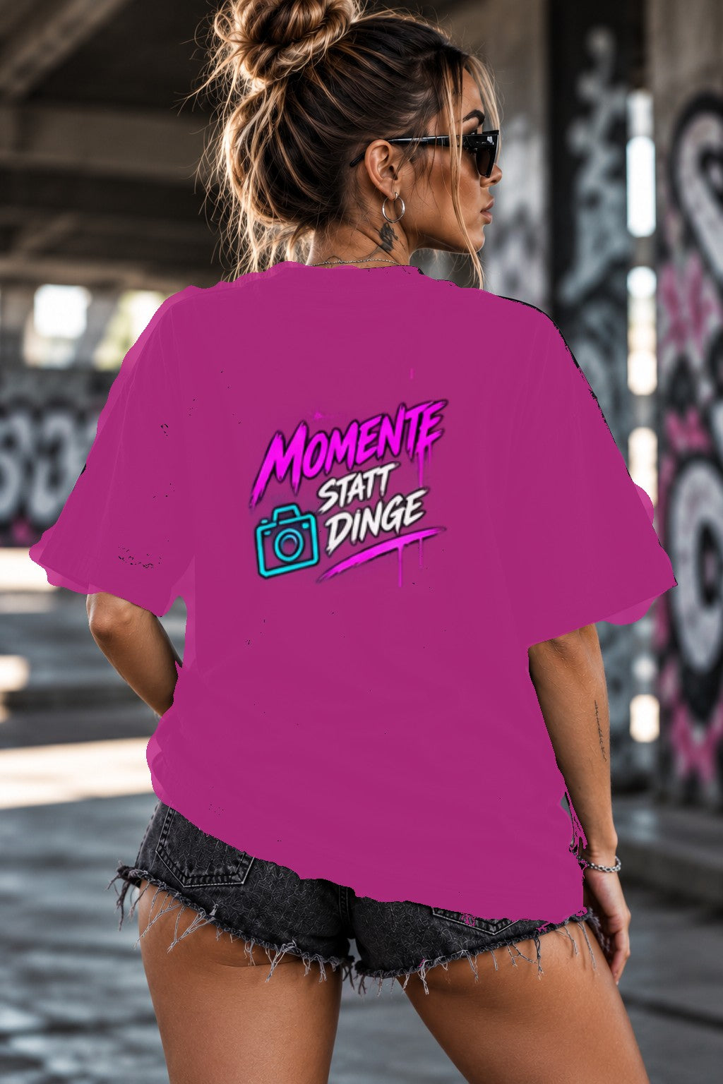 Neon Vibe Damen Oversized T-Shirt – Momente statt Dinge – DTF Backprint in Pink, Größe 5XL