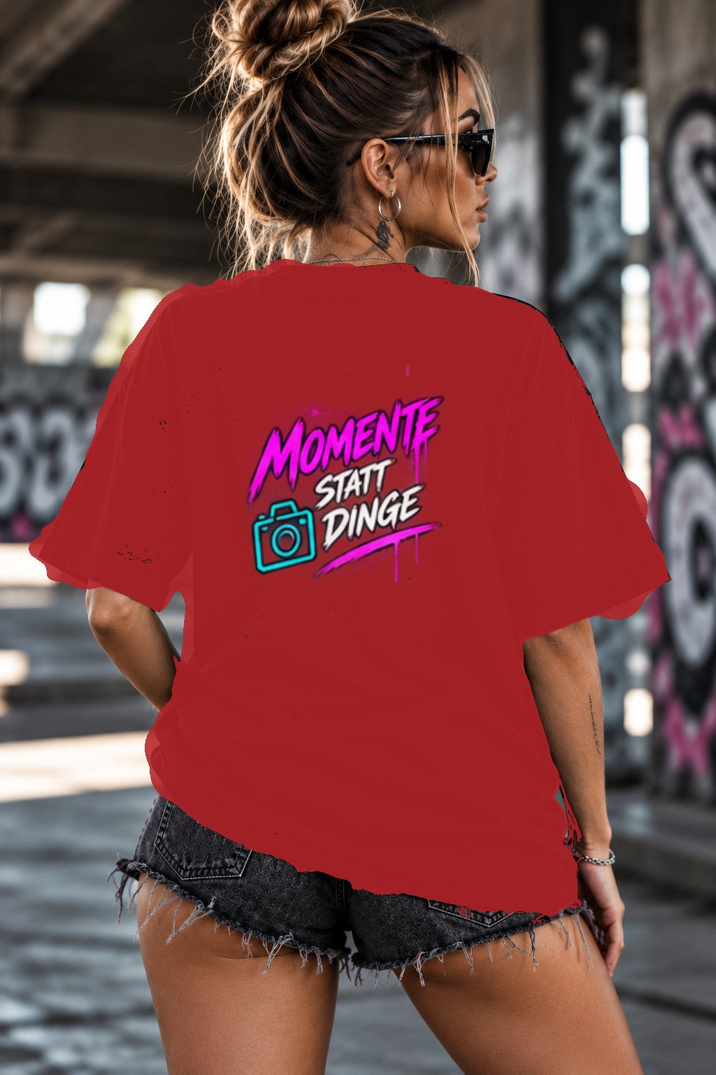 Neon Vibe Damen Oversized T-Shirt – Momente statt Dinge – DTF Backprint in Rot, Größe 5XL
