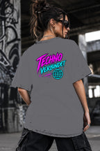 Neon Vibe Damen Oversized T-Shirt – Techno verbindet – DTF Backprint in Grau, Größe 5XL