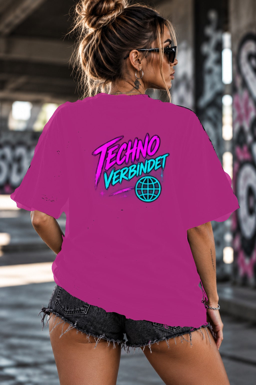 Neon Vibe Damen Oversized T-Shirt – Techno verbindet – DTF Backprint in Pink, Größe 5XL