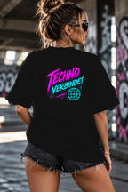 Neon Vibe Damen Oversized T-Shirt – Techno verbindet – DTF Backprint in Schwarz, Größe 5XL