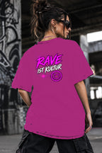 Neon Vibe Damen Oversized T-Shirt – Rave ist Kultur – DTF Backprint in Pink, Größe 5XL