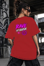 Neon Vibe Damen Oversized T-Shirt – Rave ist Kultur – DTF Backprint in Rot, Größe 5XL