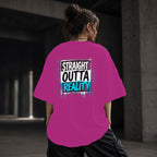 Neon Vibe Damen Oversized T-Shirt – Straight outta reality – DTF Backprint in Pink, Größe 5XL