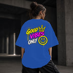 Neon Vibe Damen Oversized T-Shirt – Good Vibes Only – DTF Backprint in Blau, Größe 5XL