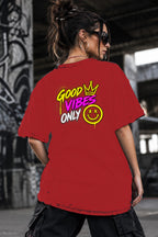 Neon Vibe Damen Oversized T-Shirt – Good Vibes Only – DTF Backprint in Rot, Größe 5XL