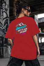 Neon Vibe Damen Oversized T-Shirt – Grenzen gibt es nur im Kopf – DTF Backprint in Rot, Größe 5XL