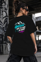 Neon Vibe Damen Oversized T-Shirt – Grenzen gibt es nur im Kopf – DTF Backprint in Schwarz, Größe 5XL