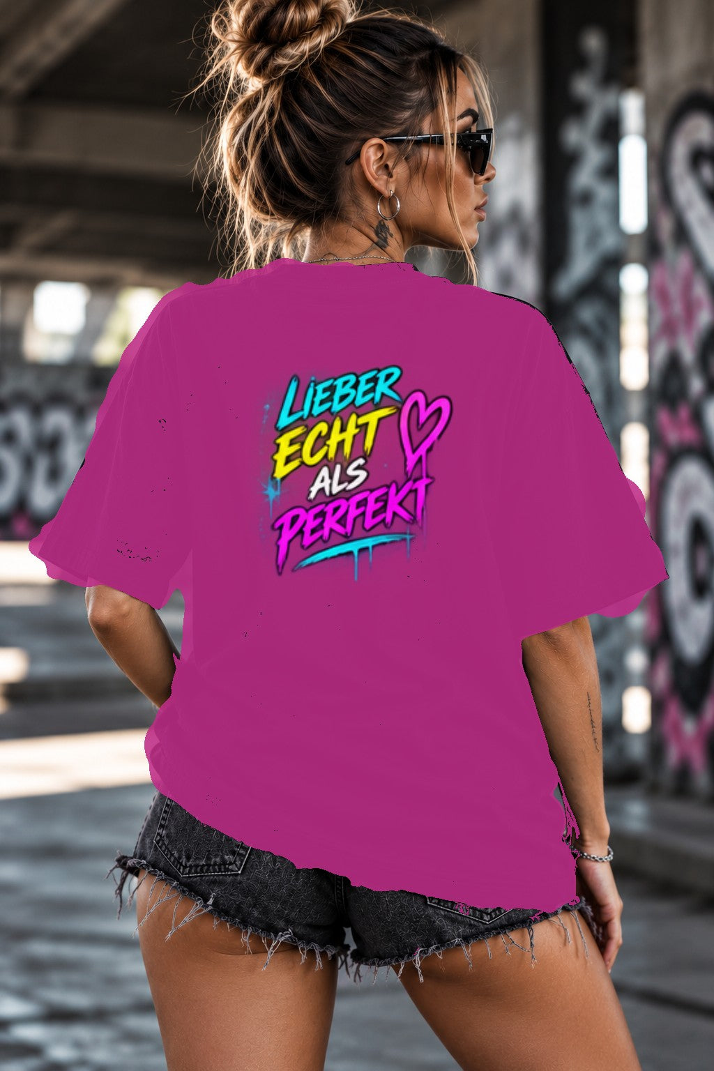 Neon Vibe Damen Oversized T-Shirt – Lieber echt als perfekt – DTF Backprint in Pink, Größe 5XL