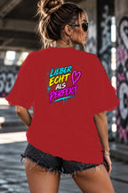 Neon Vibe Damen Oversized T-Shirt – Lieber echt als perfekt – DTF Backprint in Rot, Größe 5XL