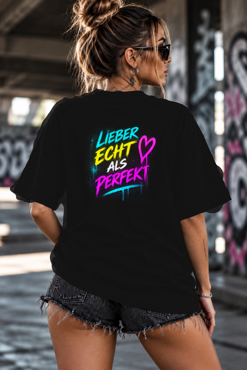 Neon Vibe Damen Oversized T-Shirt – Lieber echt als perfekt – DTF Backprint in Schwarz, Größe 5XL