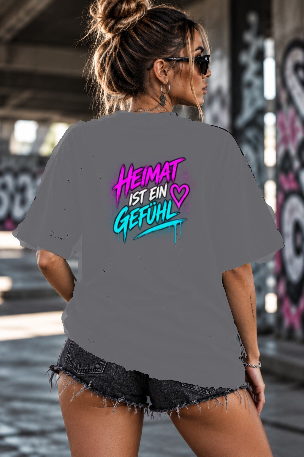 Neon Vibe Damen Oversized T-Shirt – Heimat ist ein Gefühl – DTF Backprint in Grau, Größe 5XL