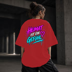 Neon Vibe Damen Oversized T-Shirt – Heimat ist ein Gefühl – DTF Backprint in Rot, Größe 5XL