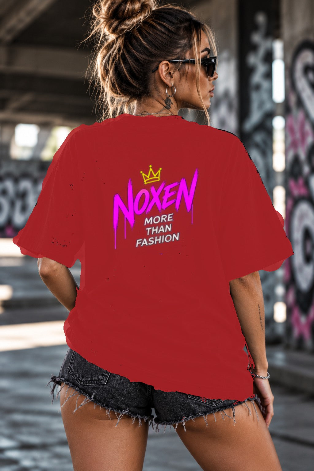Neon Vibe Damen Oversized T-Shirt – Noxen More Than Fashion – DTF Backprint in Rot, Größe 5XL