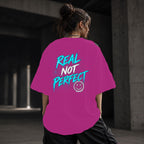 Neon Vibe Damen Oversized T-Shirt – Real Not Perfect – DTF Backprint in Pink, Größe 5XL
