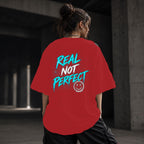 Neon Vibe Damen Oversized T-Shirt – Real Not Perfect – DTF Backprint in Rot, Größe 5XL
