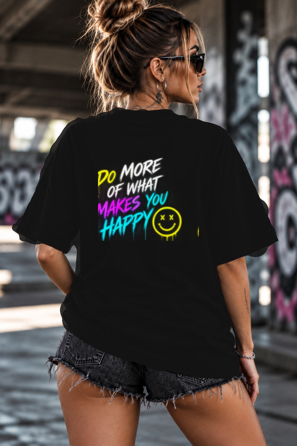 Neon Vibe Damen Oversized T-Shirt – Do More Of What Makes You Happy – DTF Backprint in Schwarz, Größe 5XL