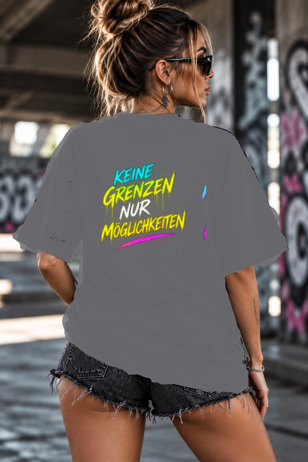Neon Vibe Damen Oversized T-Shirt – Keine Grenzen nur Möglichkeiten – DTF Backprint in Grau, Größe 5XL