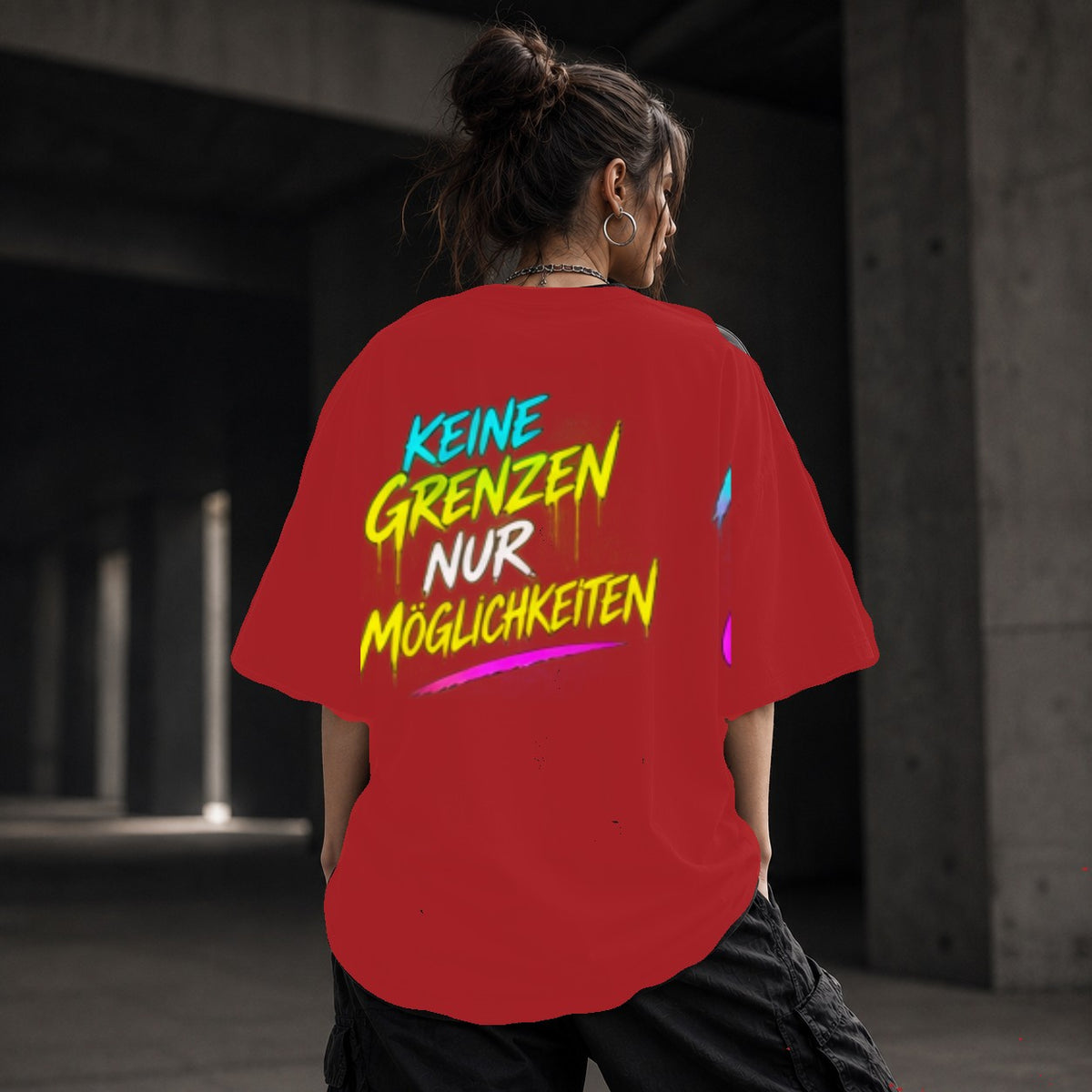 Neon Vibe Damen Oversized T-Shirt – Keine Grenzen nur Möglichkeiten – DTF Backprint in Rot, Größe 5XL