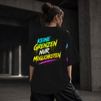 Neon Vibe Damen Oversized T-Shirt – Keine Grenzen nur Möglichkeiten – DTF Backprint in Schwarz, Größe 5XL