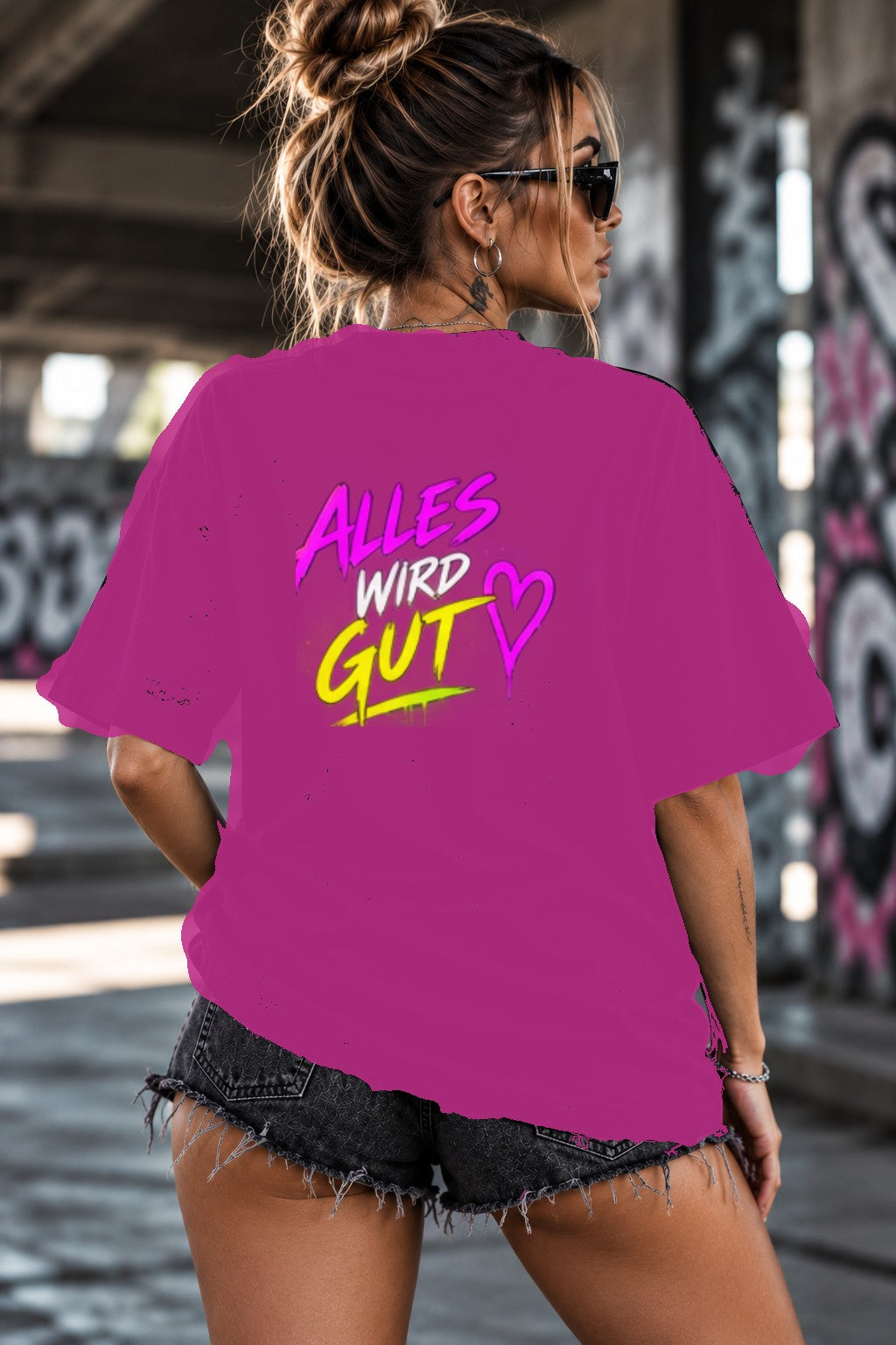 Neon Vibe Damen Oversized T-Shirt – Alles wird gut – DTF Backprint in Pink, Größe 5XL