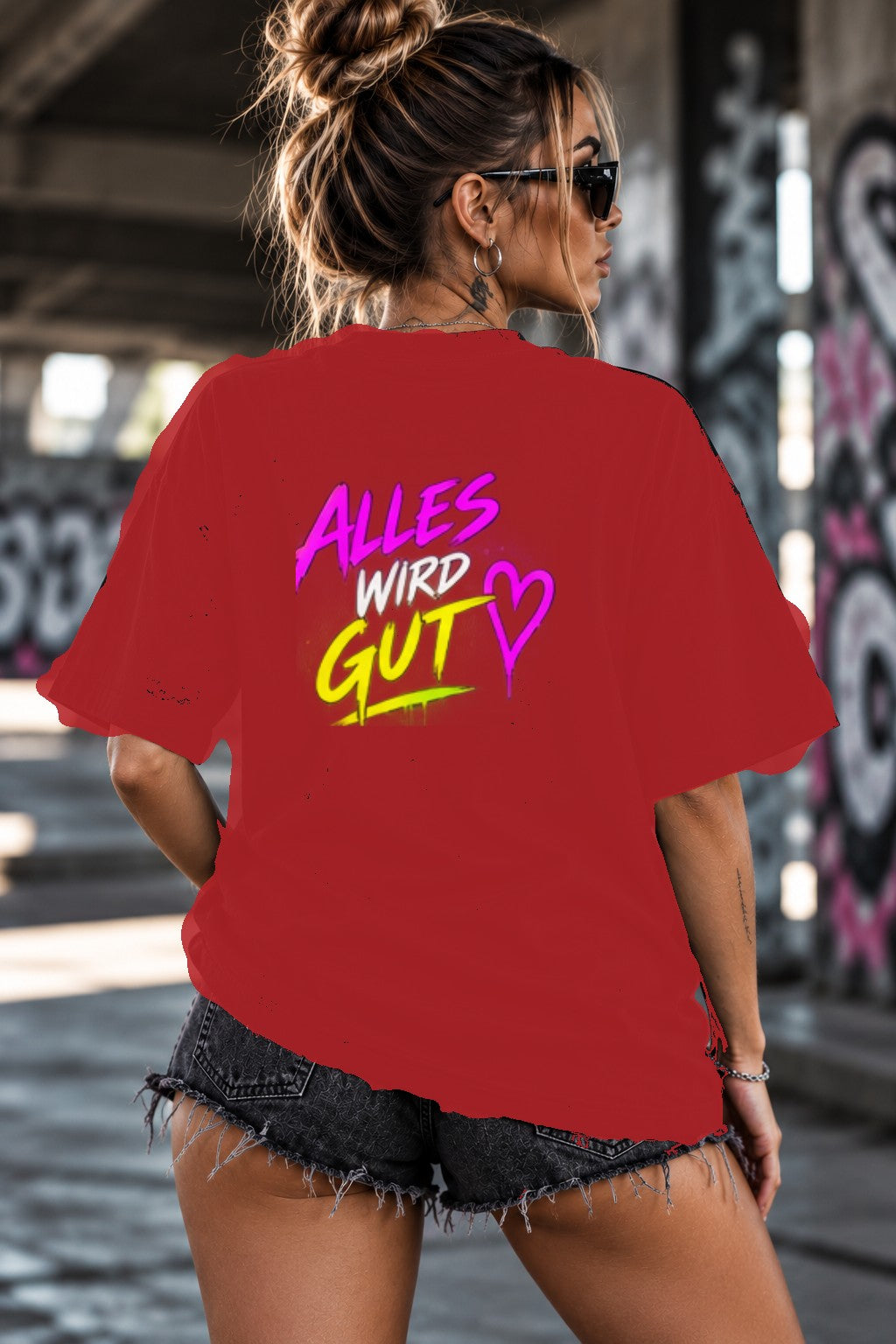 Neon Vibe Damen Oversized T-Shirt – Alles wird gut – DTF Backprint in Rot, Größe 5XL