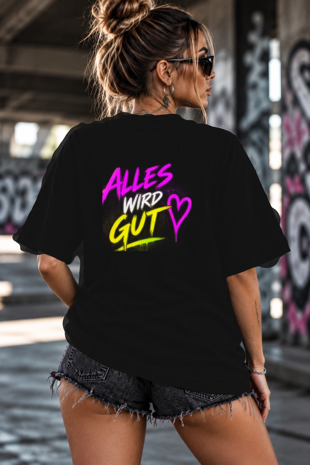 Neon Vibe Damen Oversized T-Shirt – Alles wird gut – DTF Backprint in Schwarz, Größe 5XL