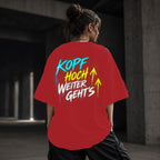Neon Vibe Damen Oversized T-Shirt – Kopf hoch weiter gehts – DTF Backprint in Rot, Größe 5XL