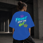 Neon Vibe Damen Oversized T-Shirt – Freiheit steht dir gut – DTF Backprint in Blau, Größe 5XL