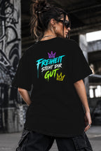 Neon Vibe Damen Oversized T-Shirt – Freiheit steht dir gut – DTF Backprint in Schwarz, Größe 5XL