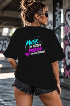 Neon Vibe Damen Oversized T-Shirt – Musik im Herzen Probleme im Hintergrund – DTF Backprint in Schwarz, Größe 5XL