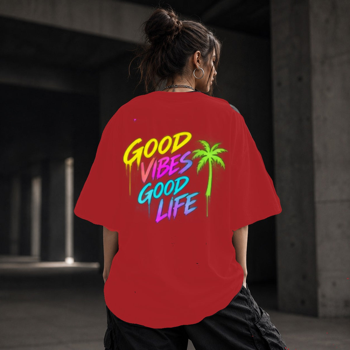 Neon Vibe Damen Oversized T-Shirt – Good Vibes Good Life – DTF Backprint in Rot, Größe 5XL