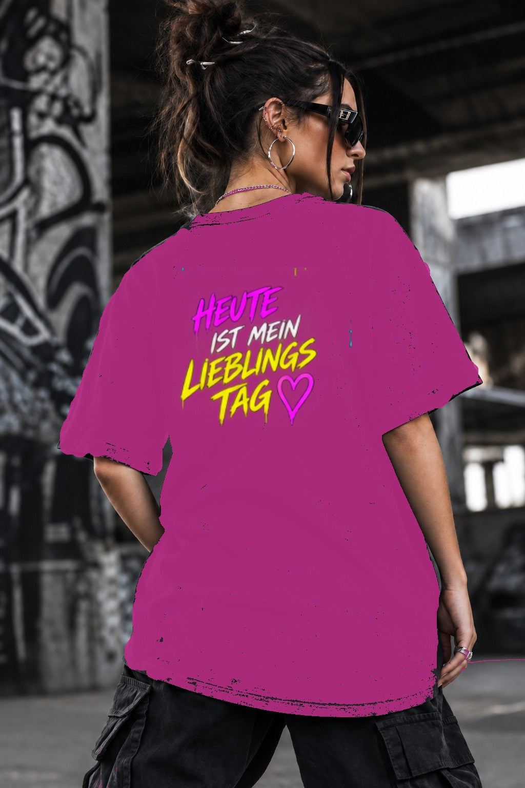 Neon Vibe Damen Oversized T-Shirt – Heute ist mein Lieblingstag – DTF Backprint in Pink, Größe 5XL