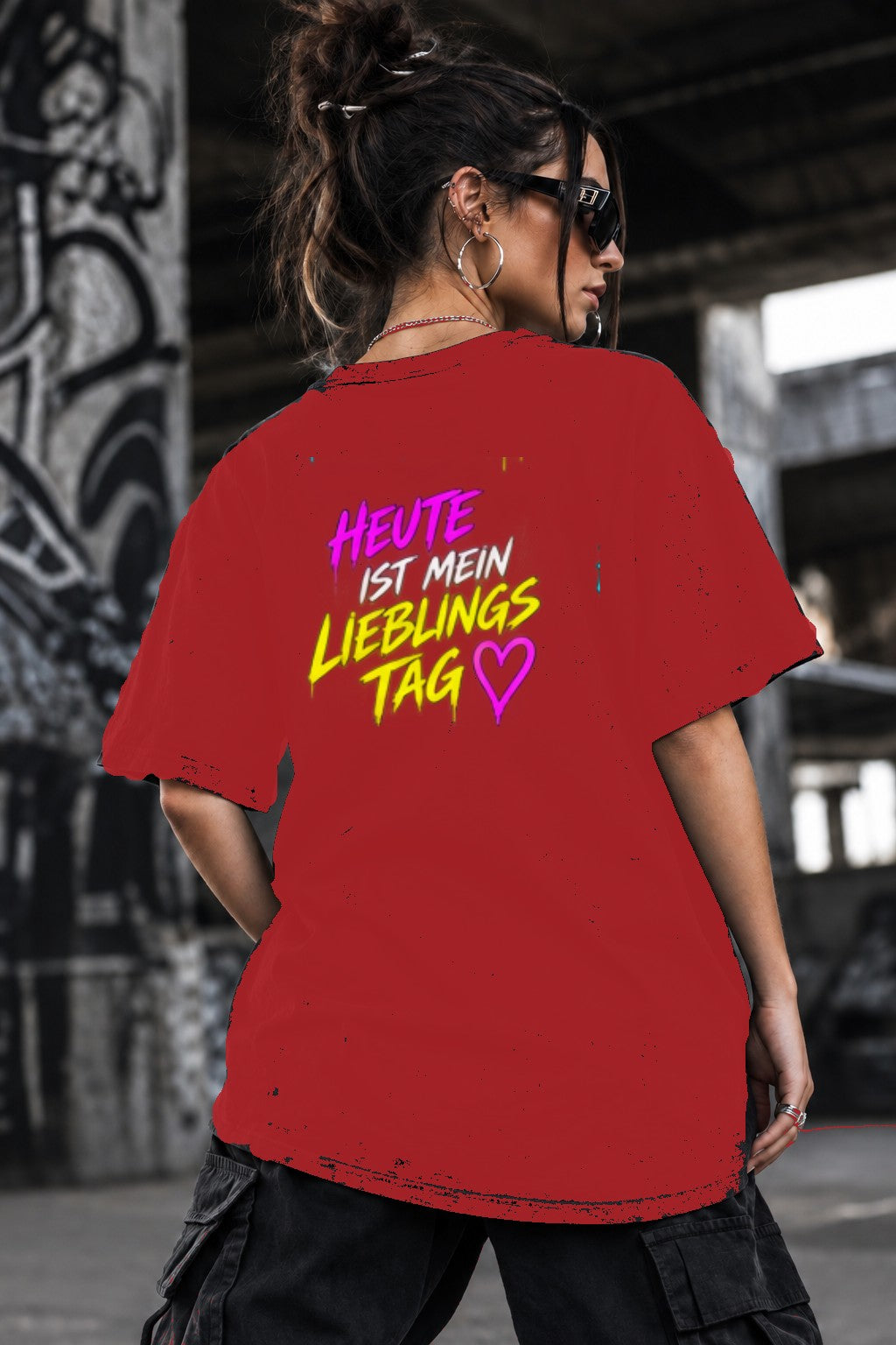 Neon Vibe Damen Oversized T-Shirt – Heute ist mein Lieblingstag – DTF Backprint in Rot, Größe 5XL