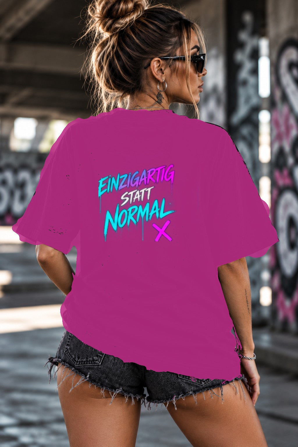 Neon Vibe Damen Oversized T-Shirt – Einzigartig statt normal – DTF Backprint in Pink, Größe 5XL