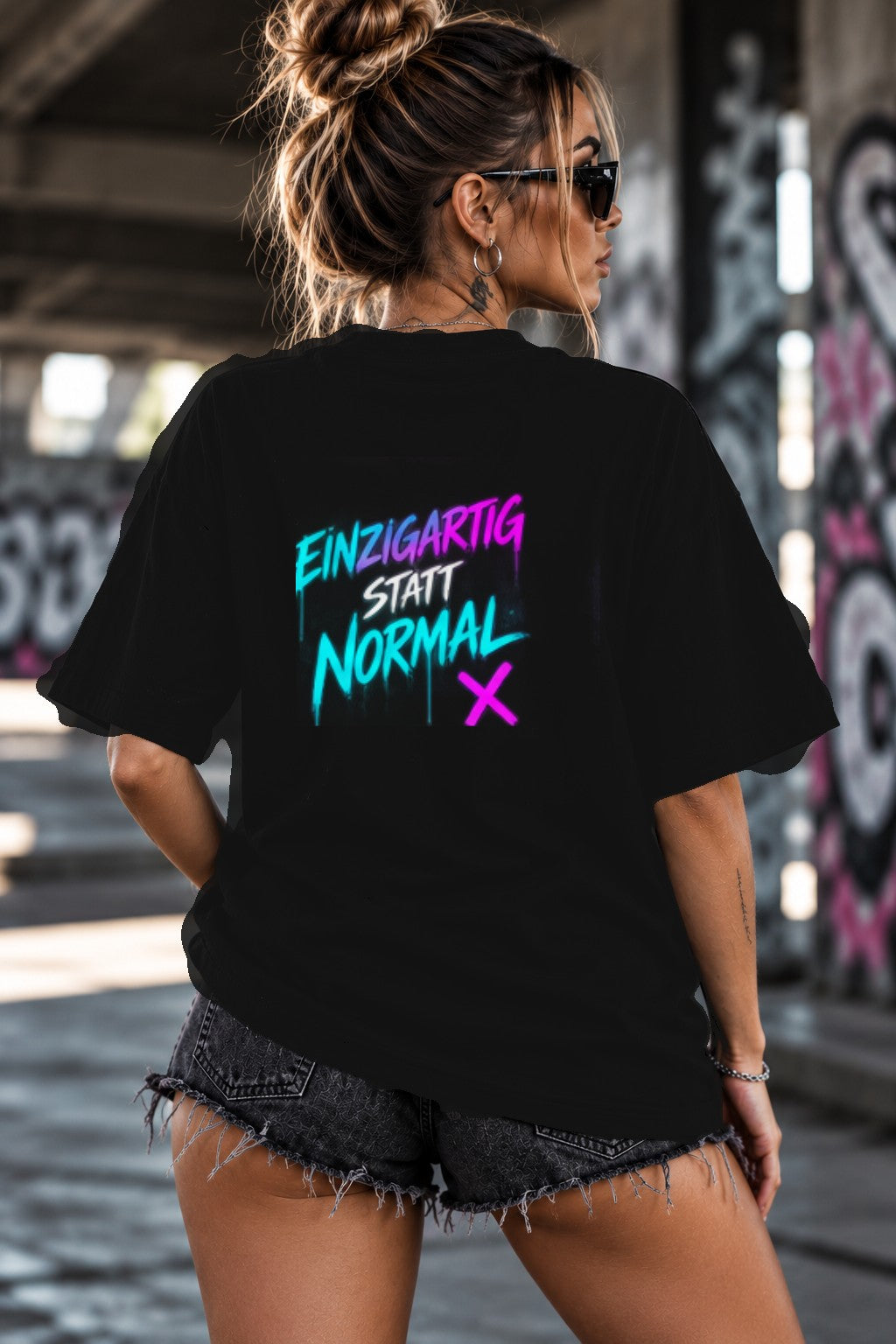 Neon Vibe Damen Oversized T-Shirt – Einzigartig statt normal – DTF Backprint in Schwarz, Größe 5XL