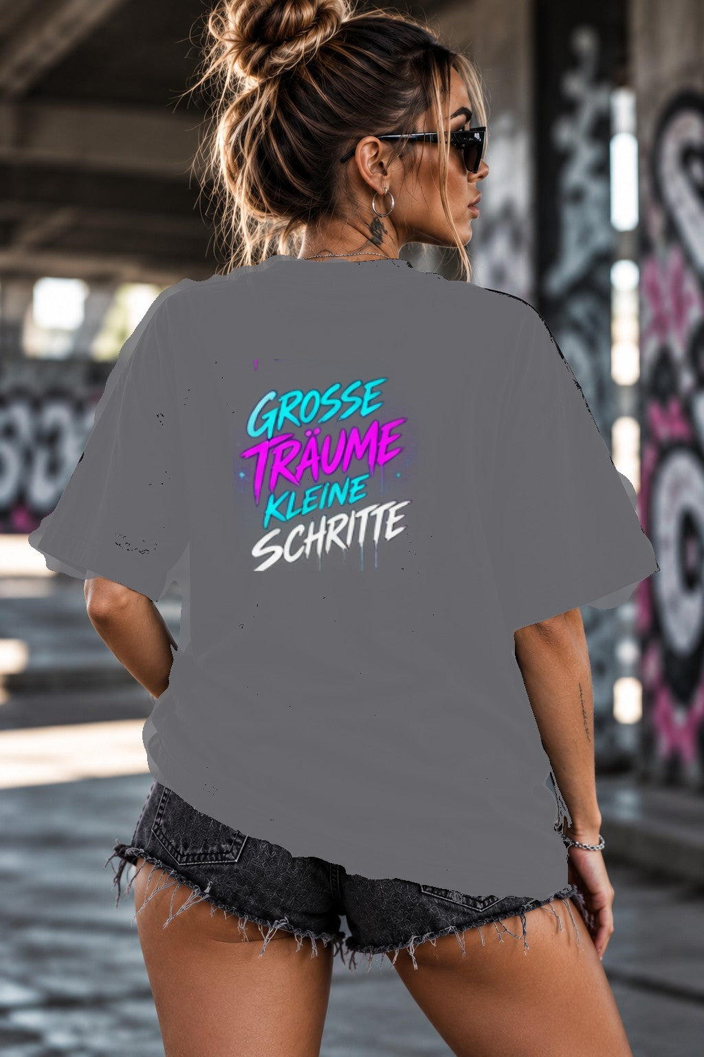 Neon Vibe Damen Oversized T-Shirt – Große Träume kleine Schritte – DTF Backprint in Grau, Größe 5XL