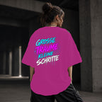 Neon Vibe Damen Oversized T-Shirt – Große Träume kleine Schritte – DTF Backprint in Pink, Größe 5XL
